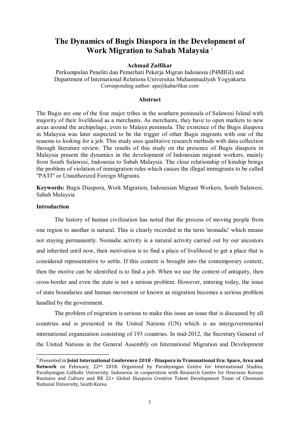 The Dynamics of Bugis Diaspora in the Development of Work Migration to Sabah Malaysia 1