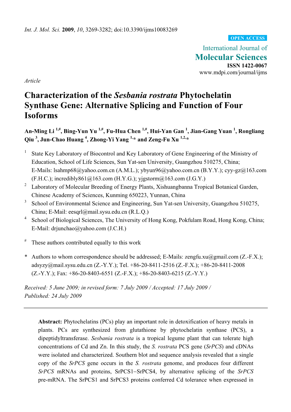 Characterization of the Sesbania Rostrata Phytochelatin Synthase Gene: Alternative Splicing and Function of Four Isoforms