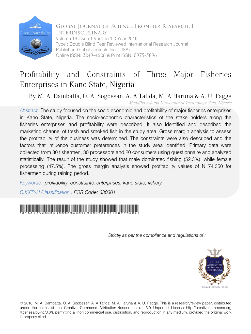Profitability and Constraints of Three Major Fisheries Enterprises in Kano State, Nigeria by M