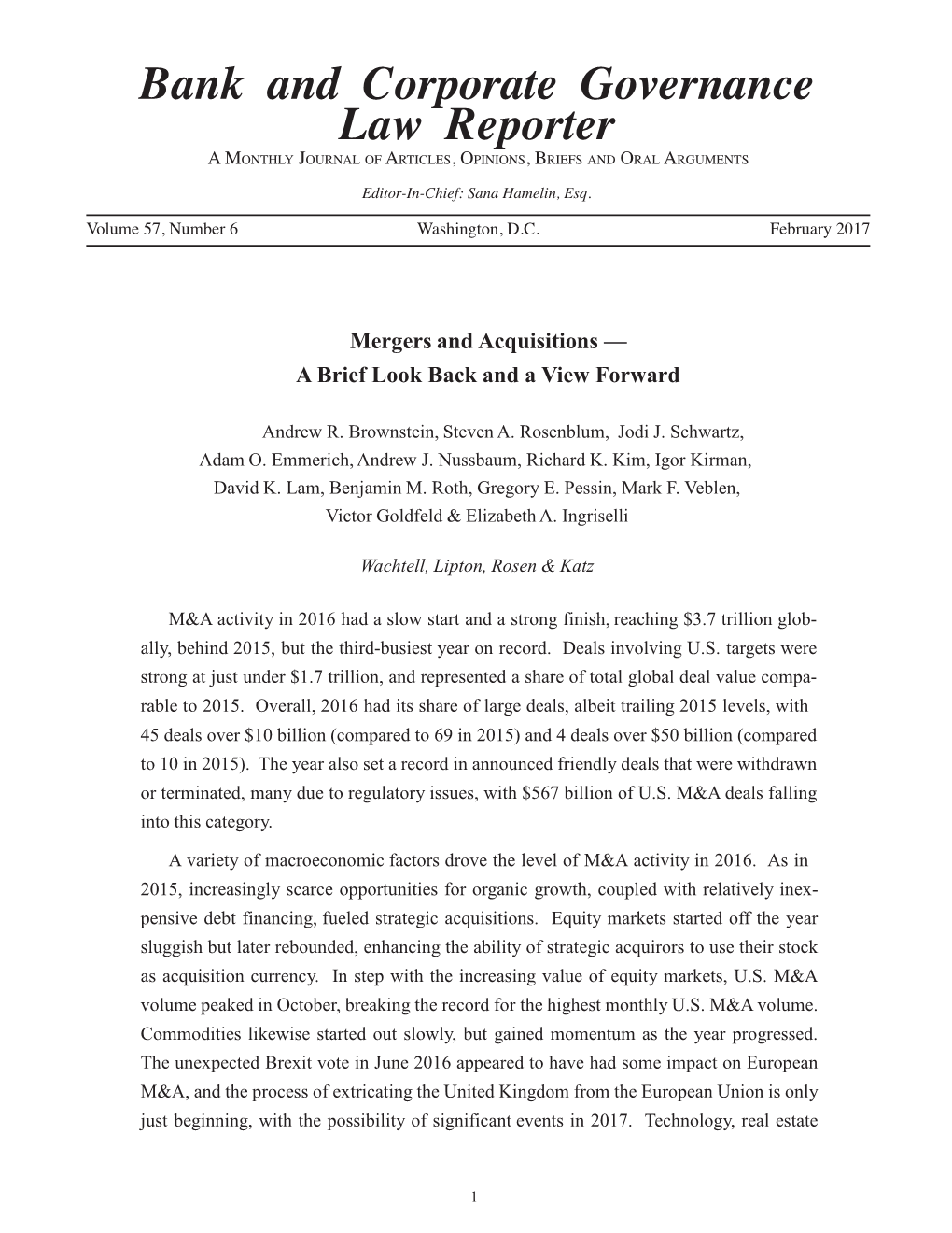 Mergers and Acquisitions — a Brief Look Back and a View Forward