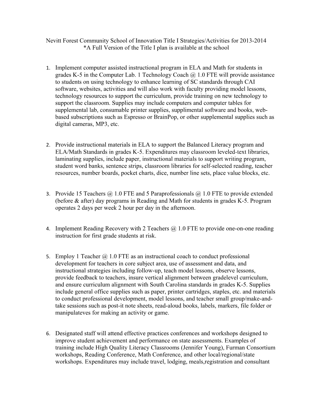 Nevitt Forest Community School of Innovation Title I Strategies/Activities for 2013-2014