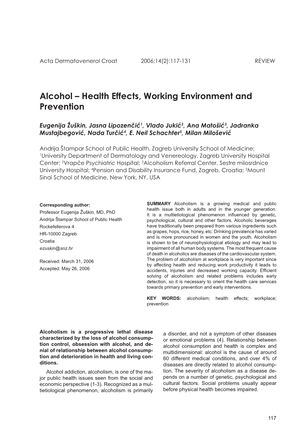 Alcohol – Health Effects, Working Environment and Prevention