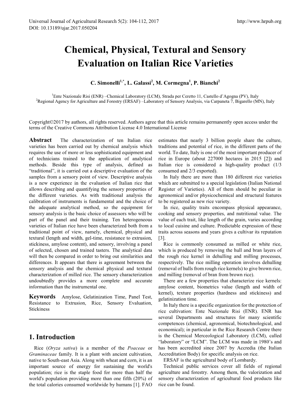 Chemical, Physical, Textural and Sensory Evaluation on Italian Rice Varieties