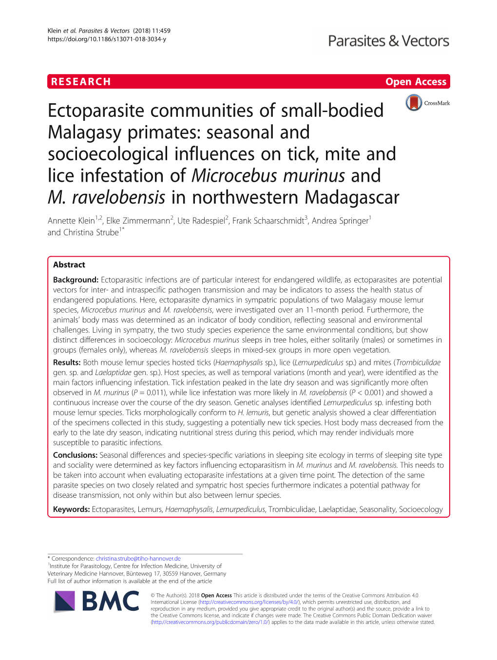 Seasonal and Socioecological Influences on Tick, Mite and Lice Infestation of Microcebus Murinus and M