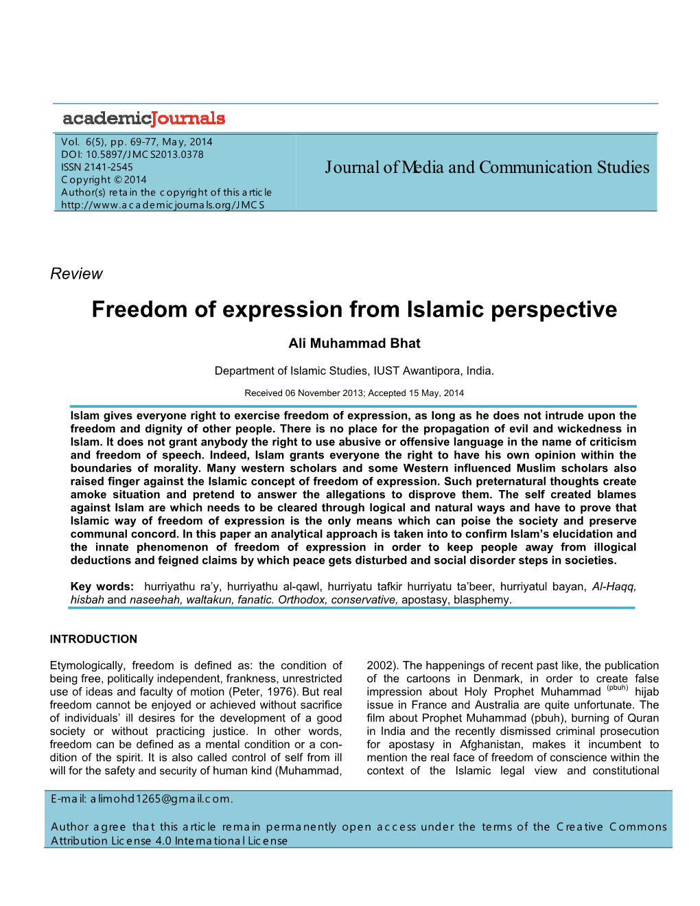 Freedom of Expression from Islamic Perspective