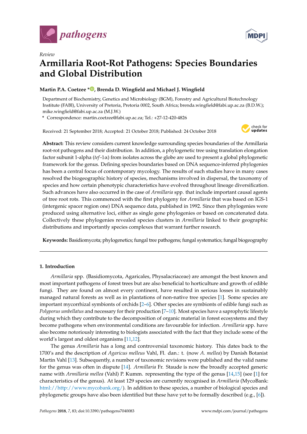 Armillaria Root-Rot Pathogens: Species Boundaries and Global Distribution