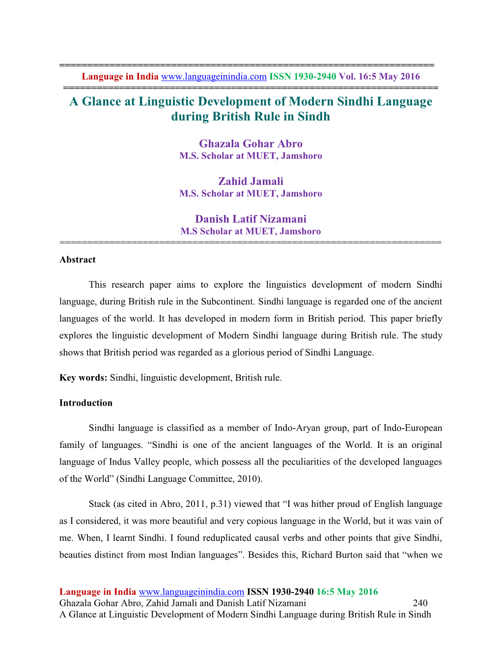 A Glance at Linguistic Development of Modern Sindhi Language During British Rule in Sindh