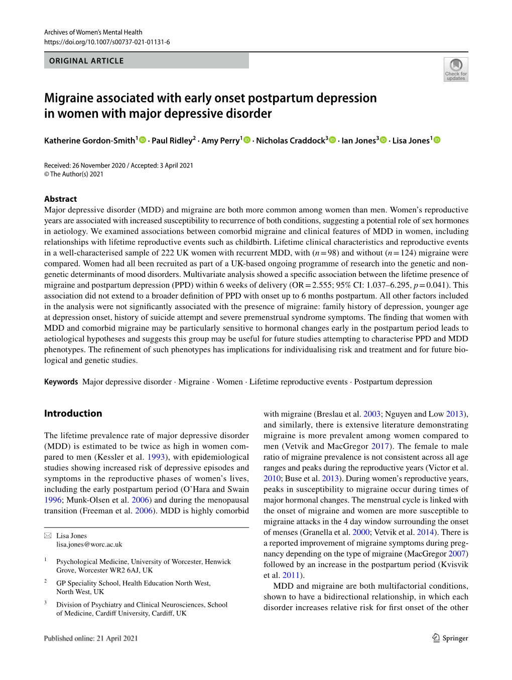 Migraine Associated with Early Onset Postpartum Depression in Women with Major Depressive Disorder