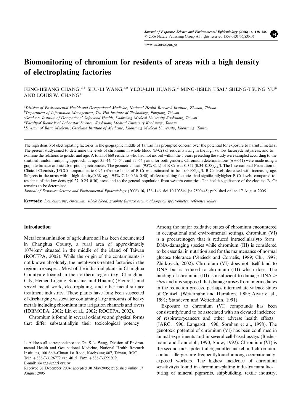 Biomonitoring of Chromium for Residents of Areas with a High Density of Electroplating Factories