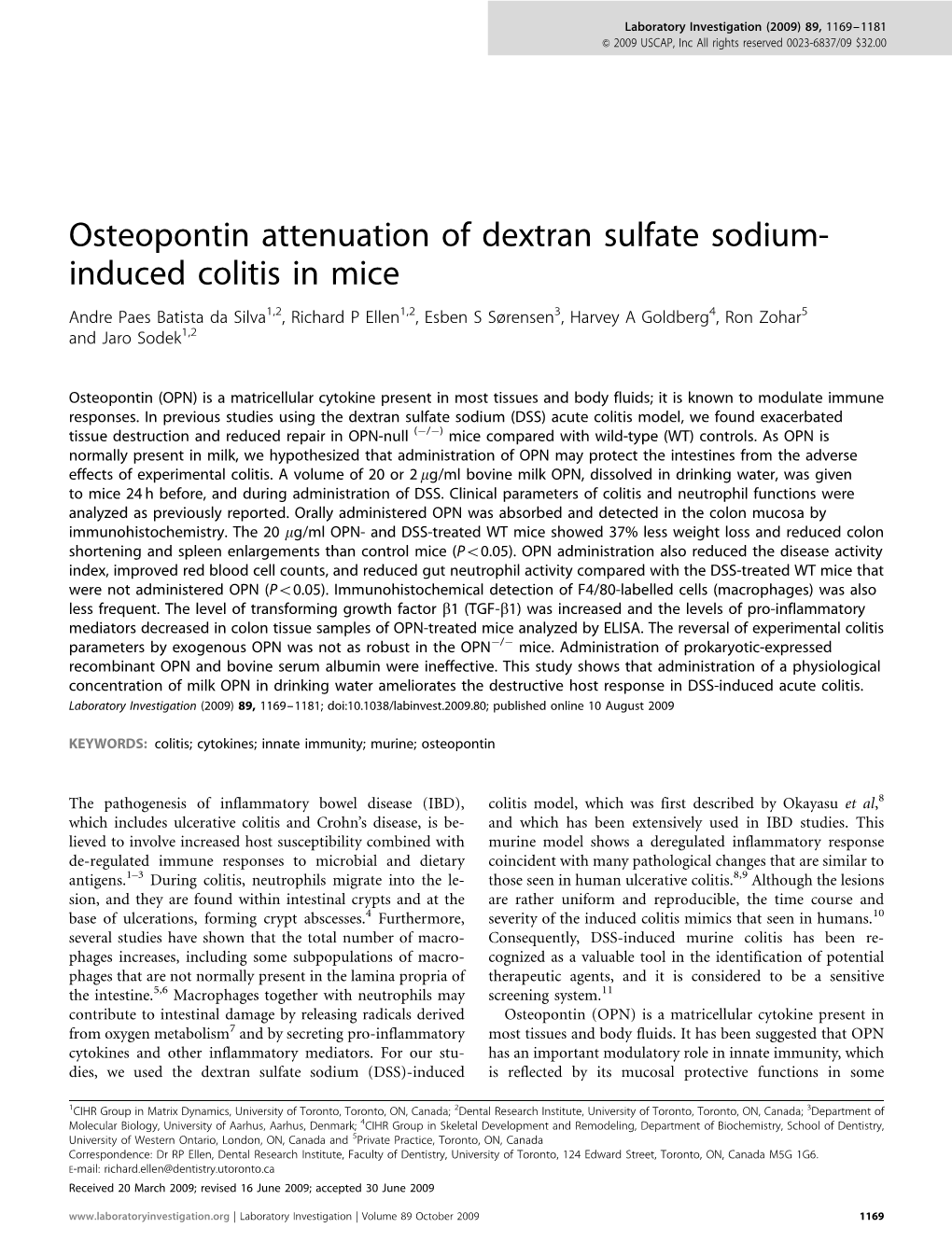 Osteopontin Attenuation of Dextran Sulfate Sodium-Induced Colitis in Mice