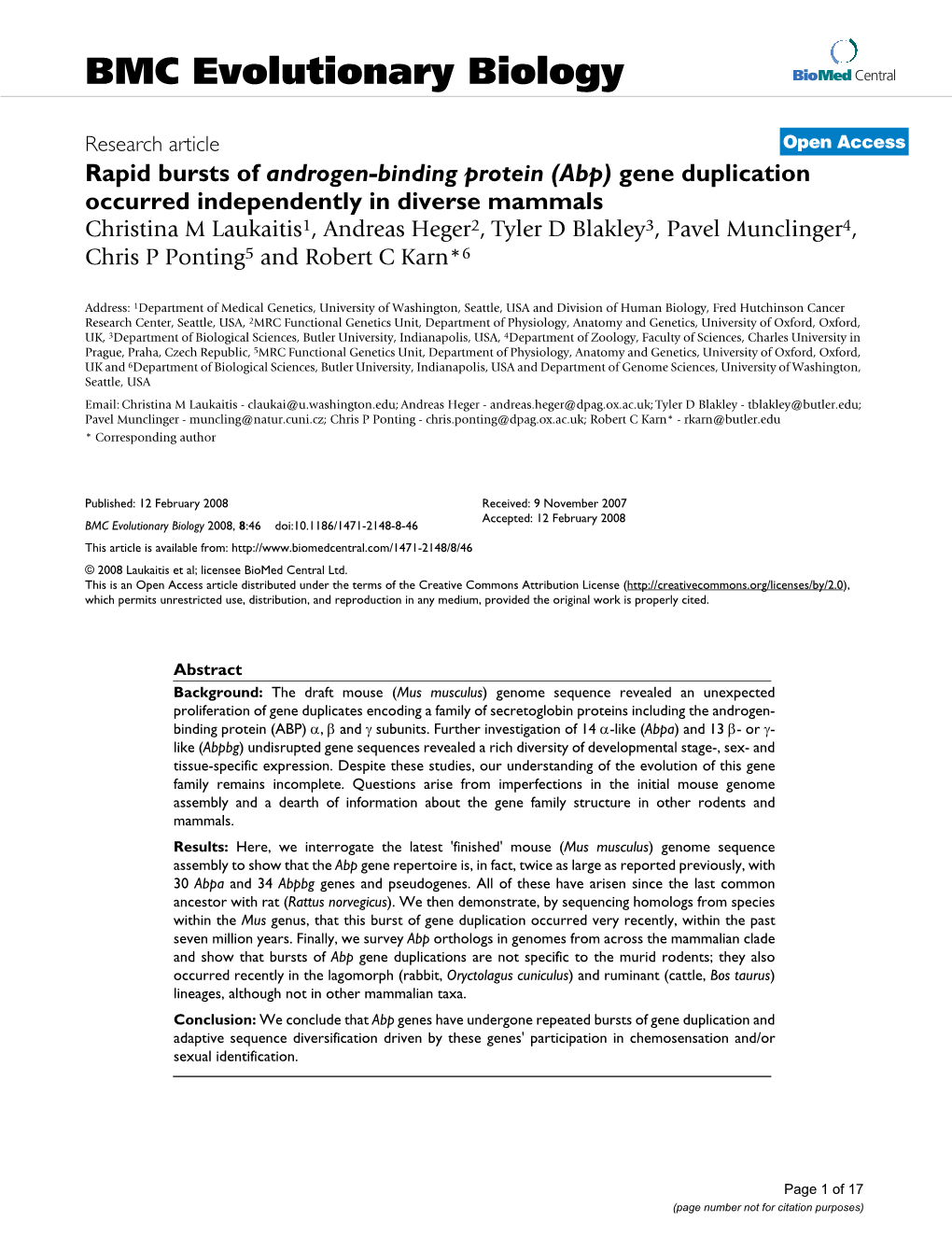 Rapid Bursts of Androgen-Binding Protein (Abp) Gene Duplication