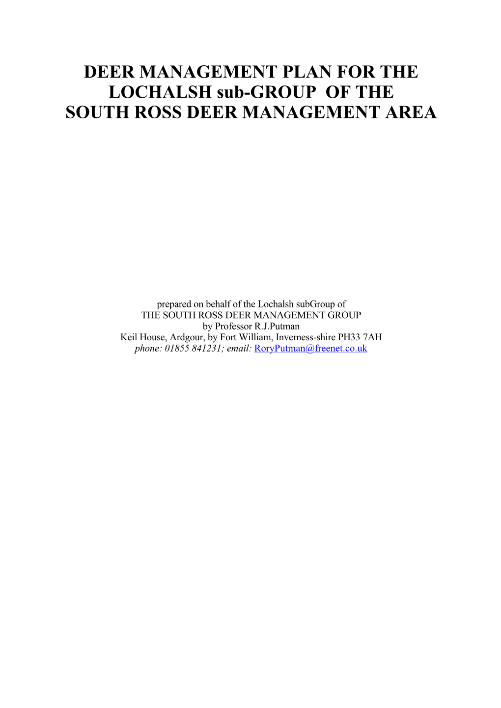 DEER MANAGEMENT PLAN for the LOCHALSH Sub-GROUP of the SOUTH ROSS DEER MANAGEMENT AREA