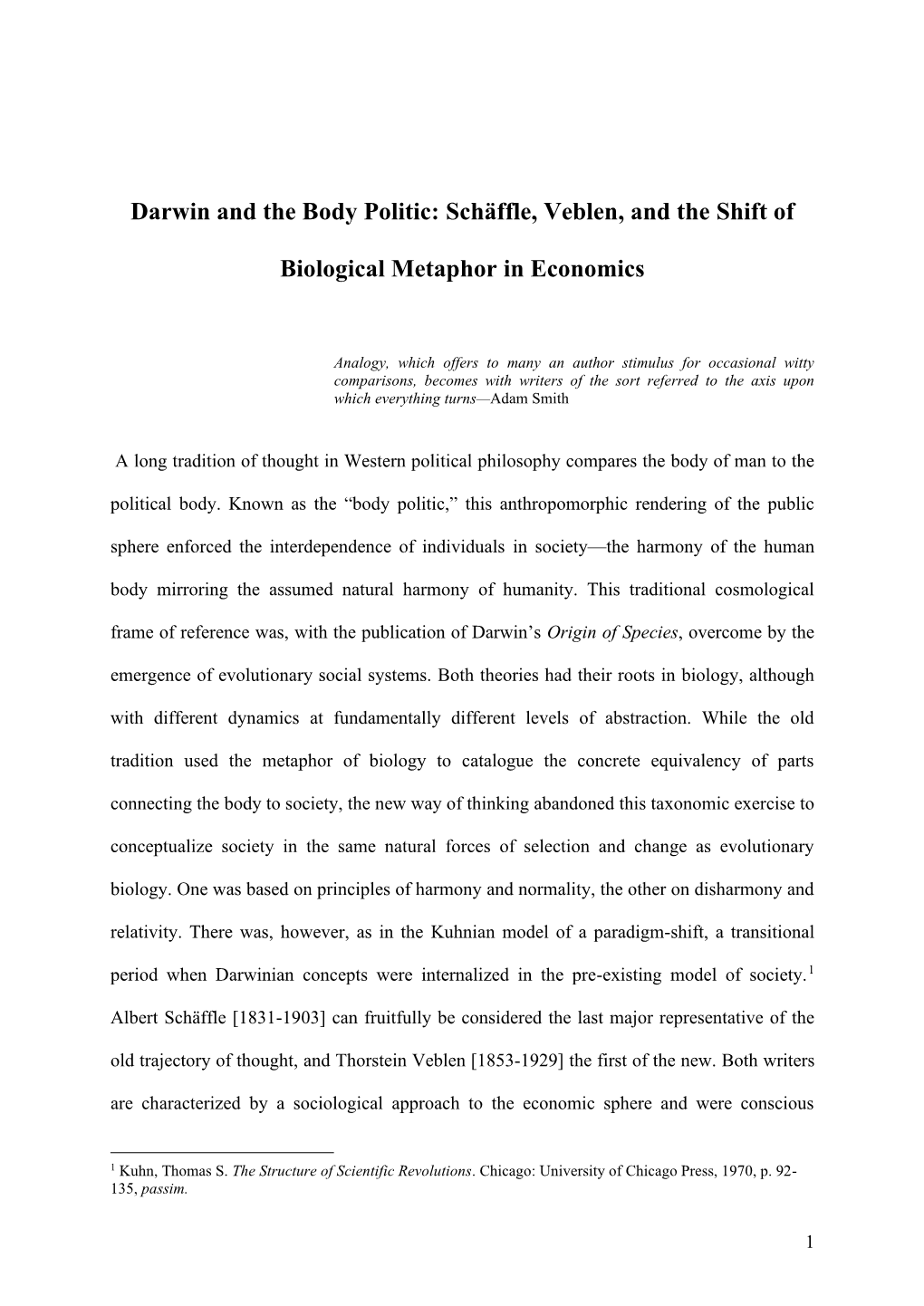 Darwin and the Body Politic: Schäffle, Veblen, and the Shift Of