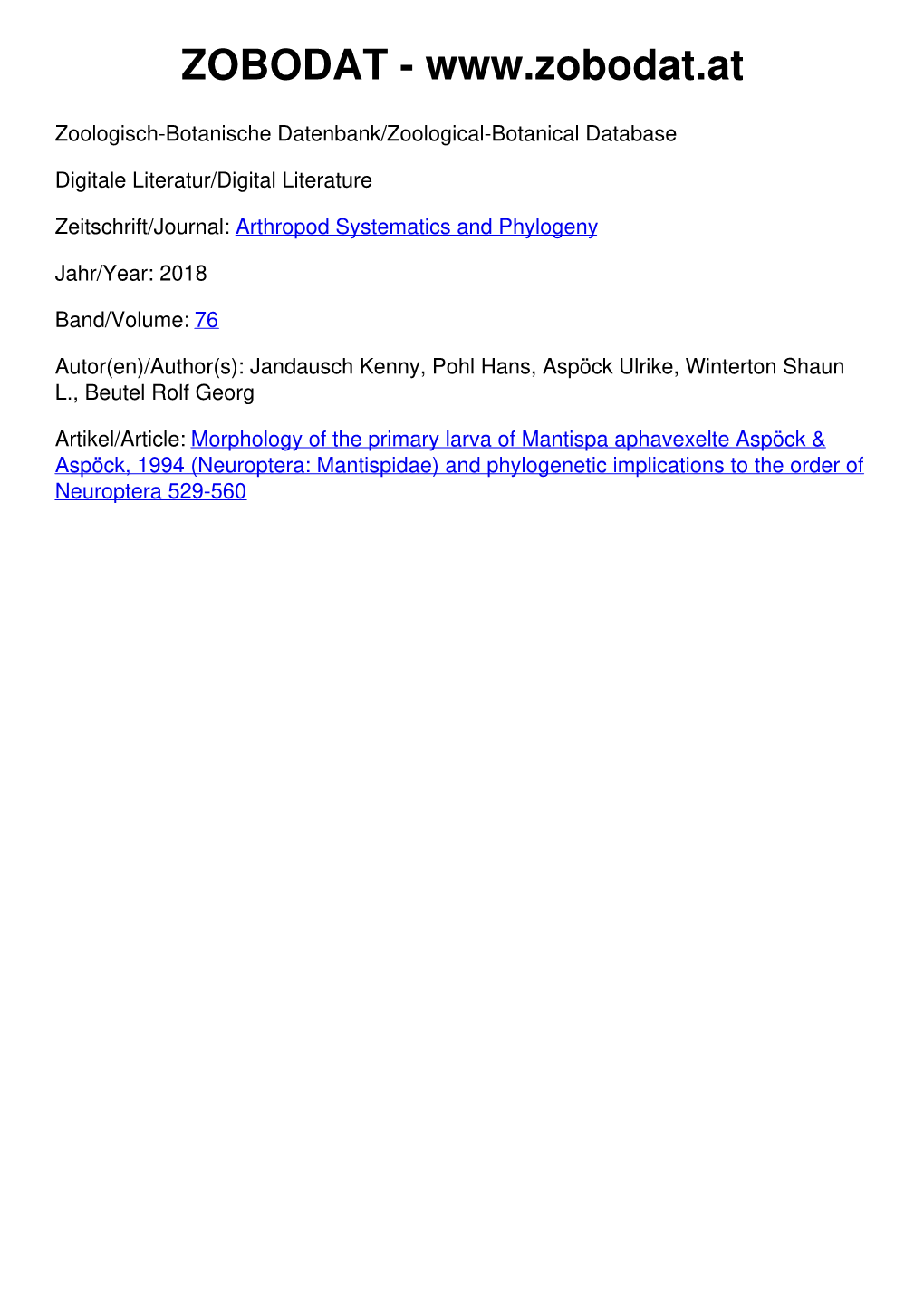 Morphology of the Primary Larva of Mantispa Aphavexelte Aspöck & Aspöck, 1994 (Neuroptera: Mantispidae) and Phylogenetic