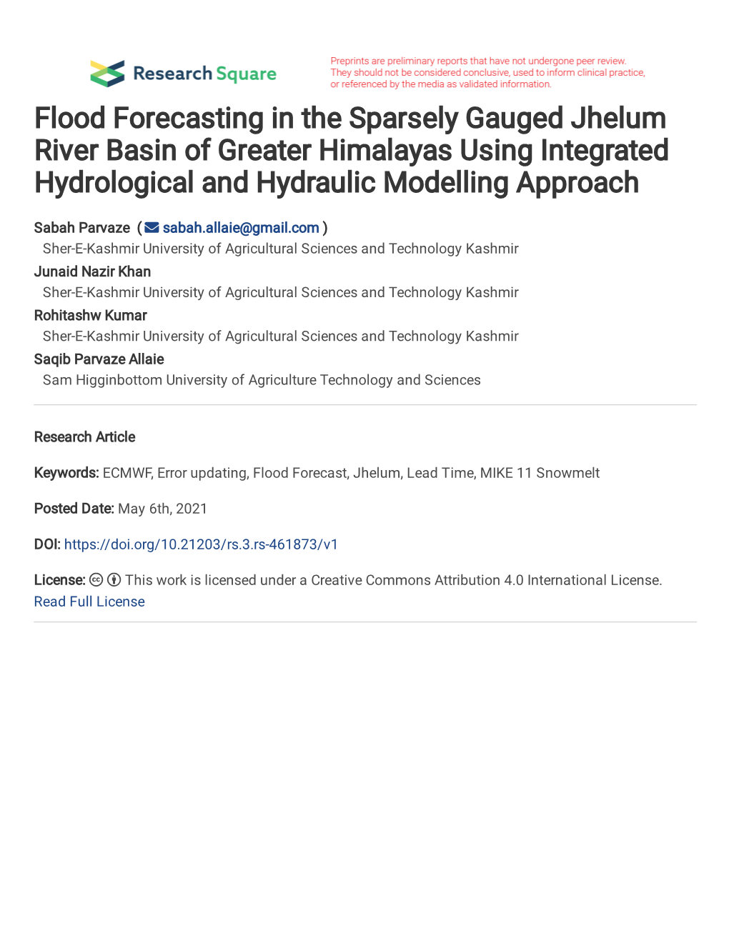 Flood Forecasting in the Sparsely Gauged Jhelum River Basin of Greater Himalayas Using Integrated Hydrological and Hydraulic Modelling Approach