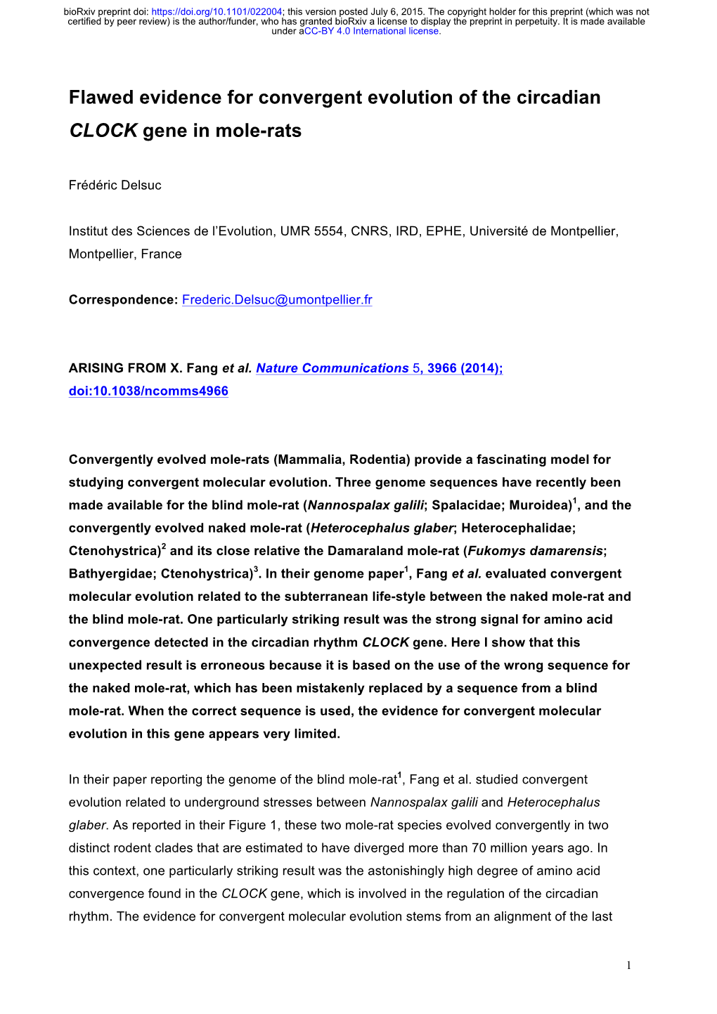 Flawed Evidence for Convergent Evolution of the Circadian CLOCK Gene in Mole-Rats