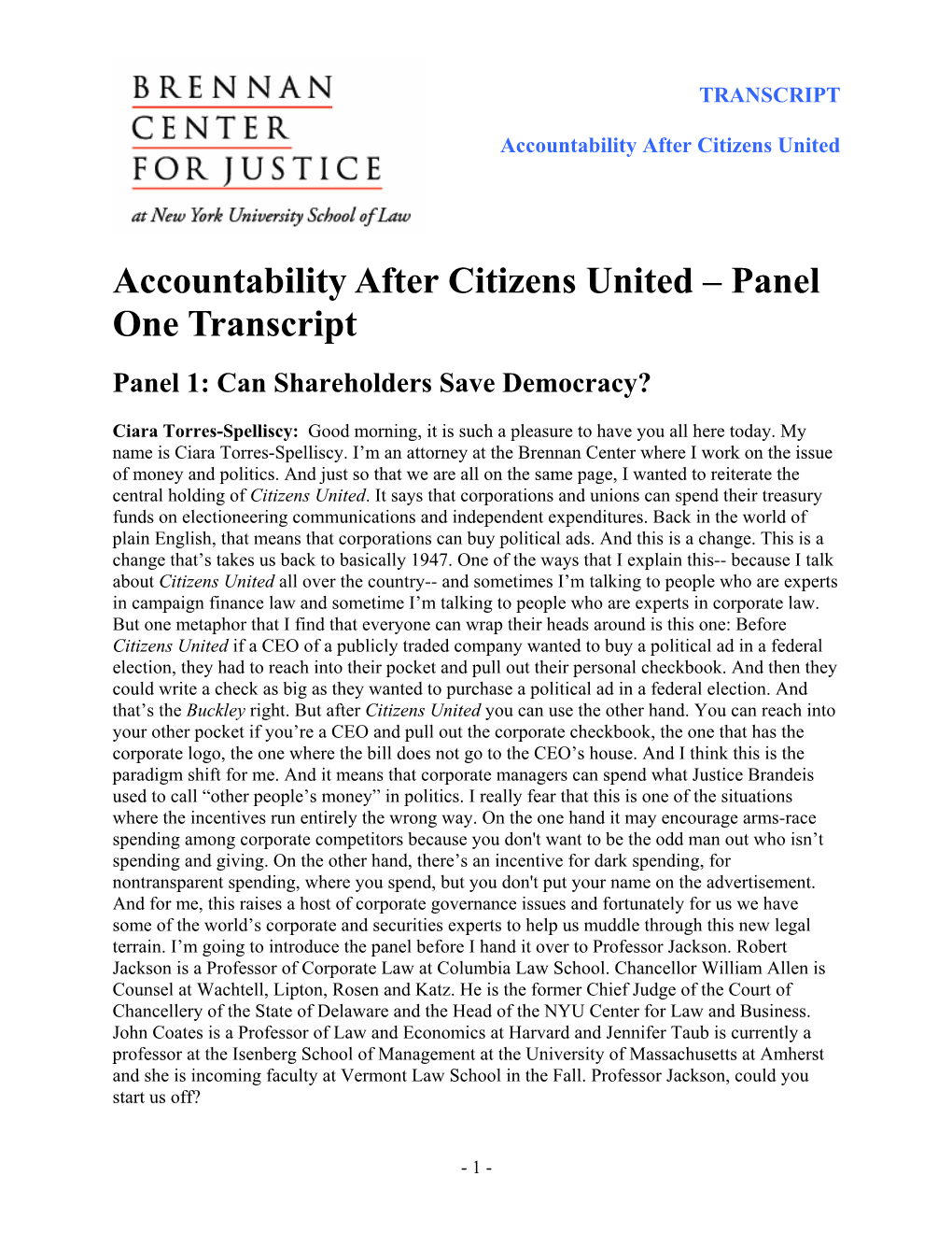 Accountability After Citizens United – Panel One Transcript Panel 1: Can Shareholders Save Democracy?