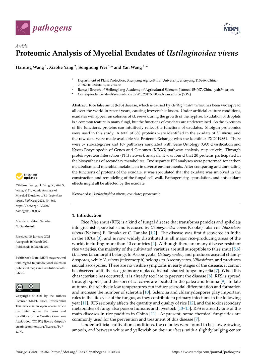 Proteomic Analysis of Mycelial Exudates of Ustilaginoidea Virens