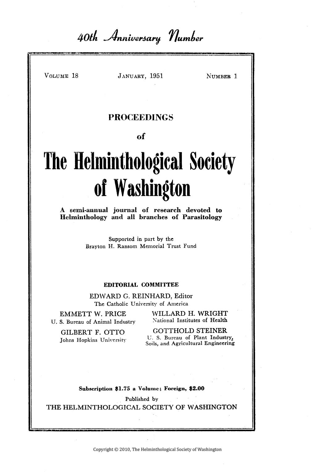 Proceedings of the Helminthological Society of Washington 18(1) 1951