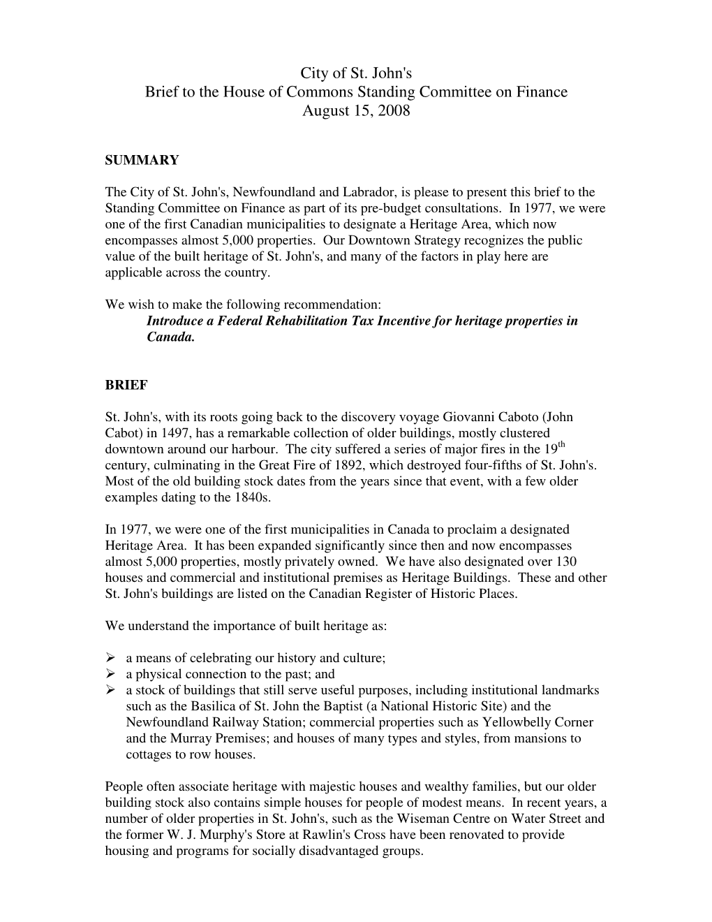 City of St. John's Brief to the House of Commons Standing Committee on Finance August 15, 2008