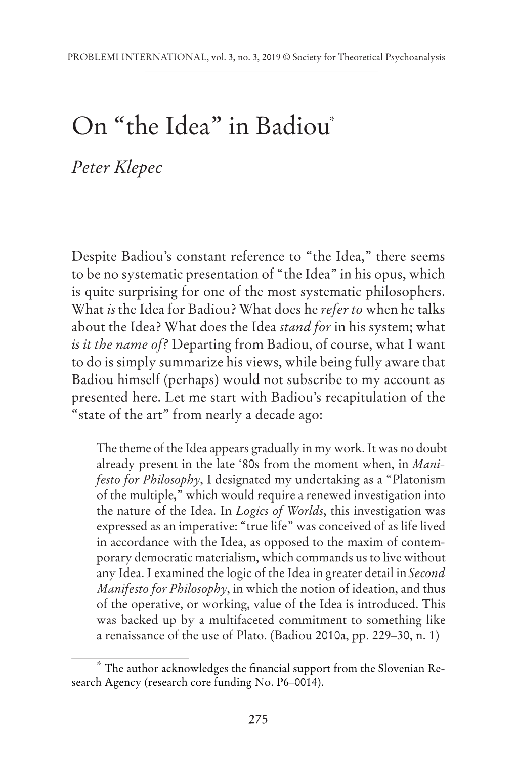 On “The Idea” in Badiou*