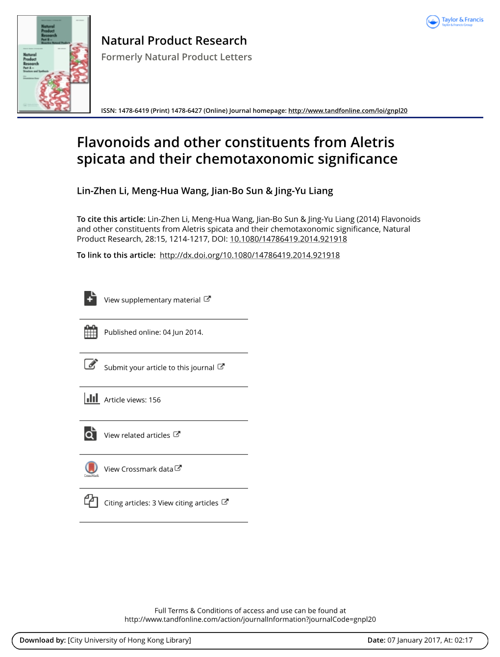 Flavonoids and Other Constituents from Aletris Spicata and Their Chemotaxonomic Significance