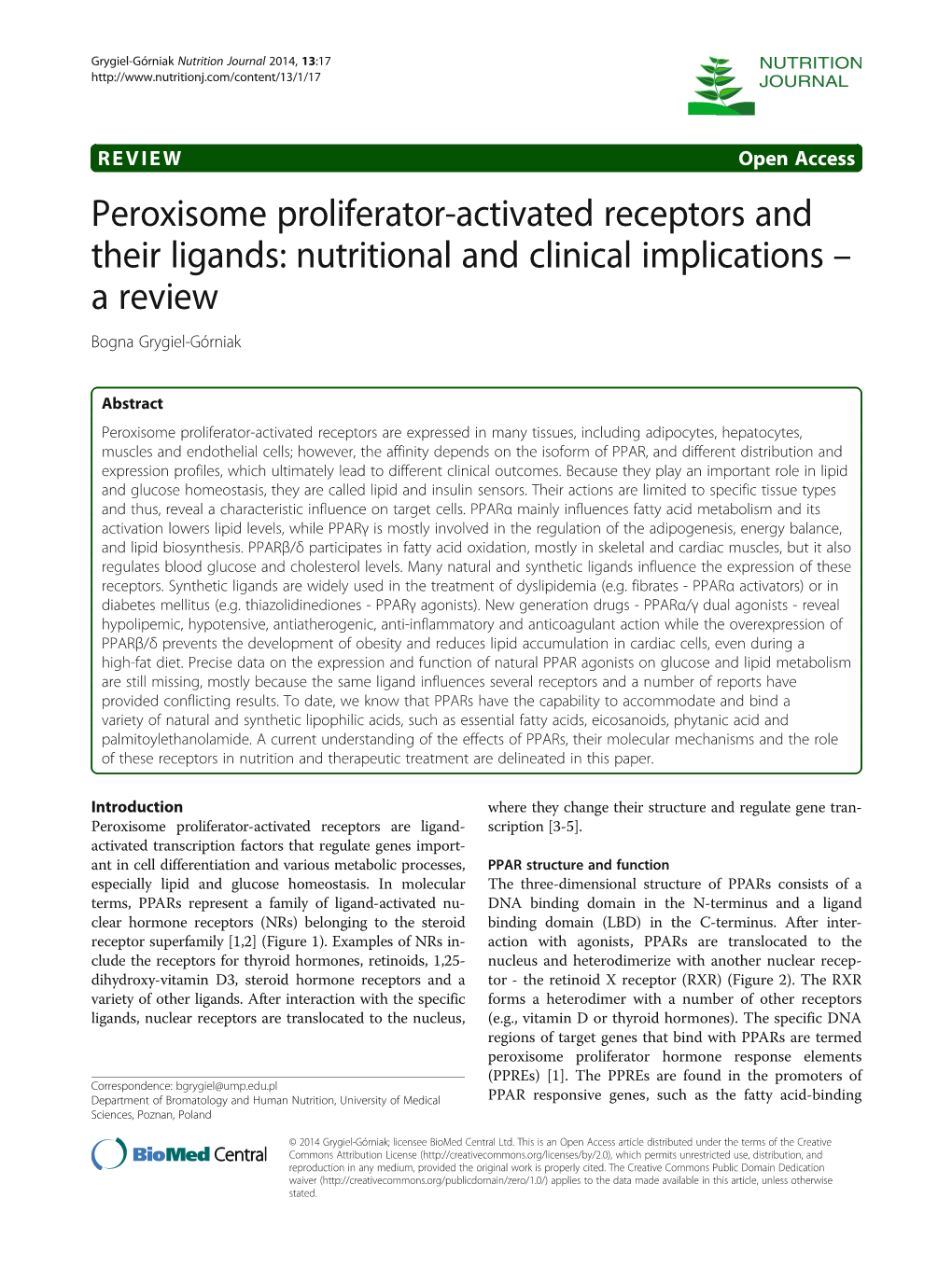 Peroxisome Proliferator-Activated Receptors and Their Ligands: Nutritional and Clinical Implications – Areview Bogna Grygiel-Górniak