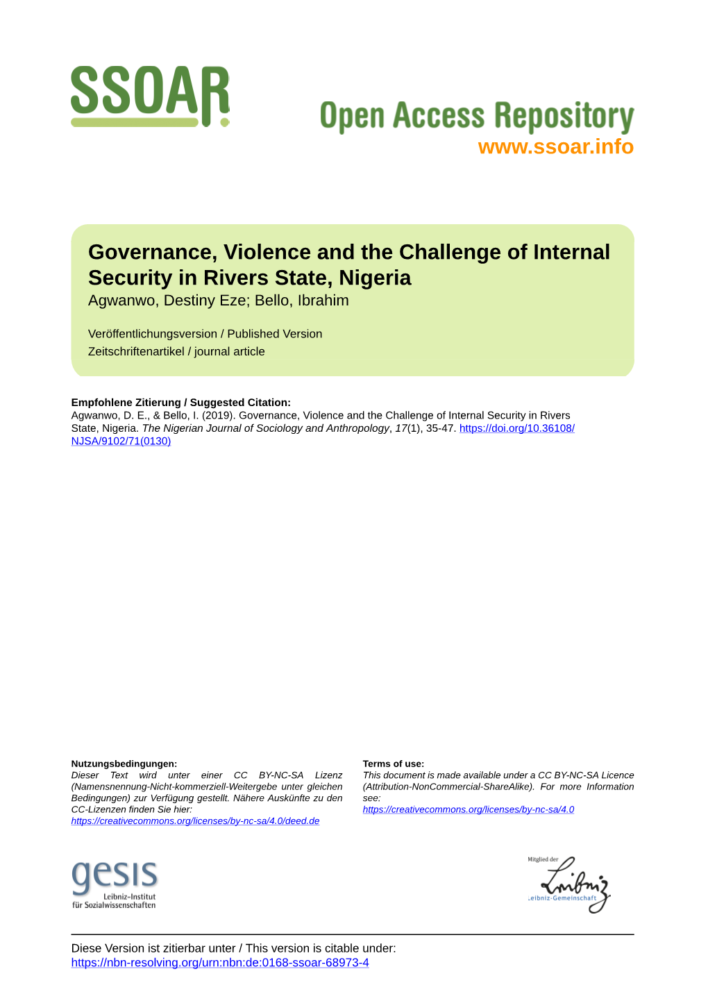 Governance, Violence and the Challenge of Internal Security in Rivers State, Nigeria