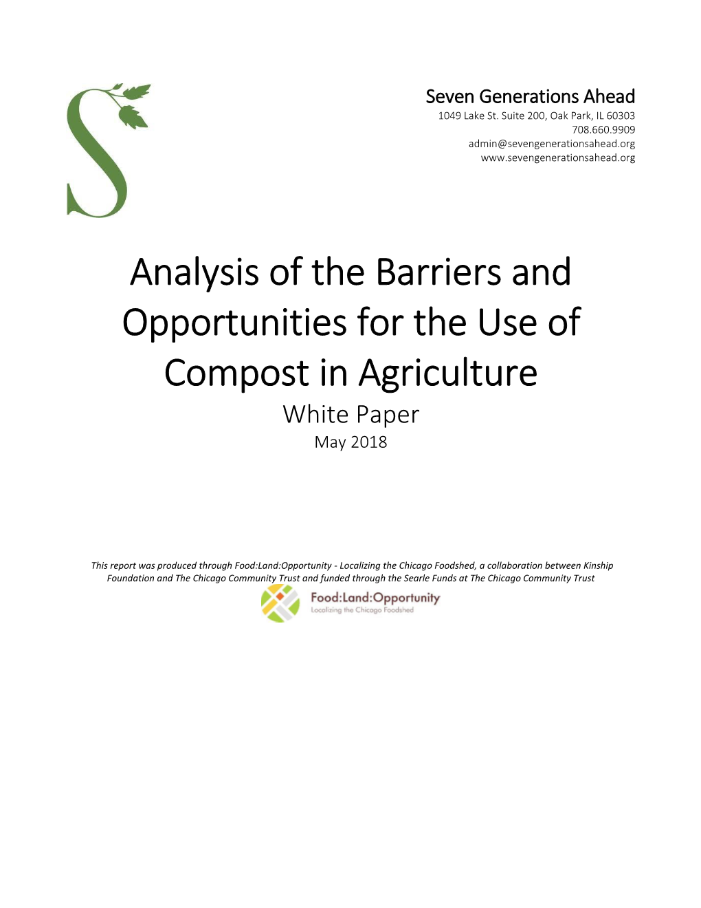 Analysis of the Barriers and Opportunities for the Use of Compost in Agriculture White Paper May 2018