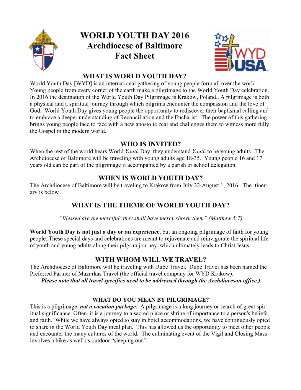 WORLD YOUTH DAY 2016 Archdiocese of Baltimore Fact Sheet
