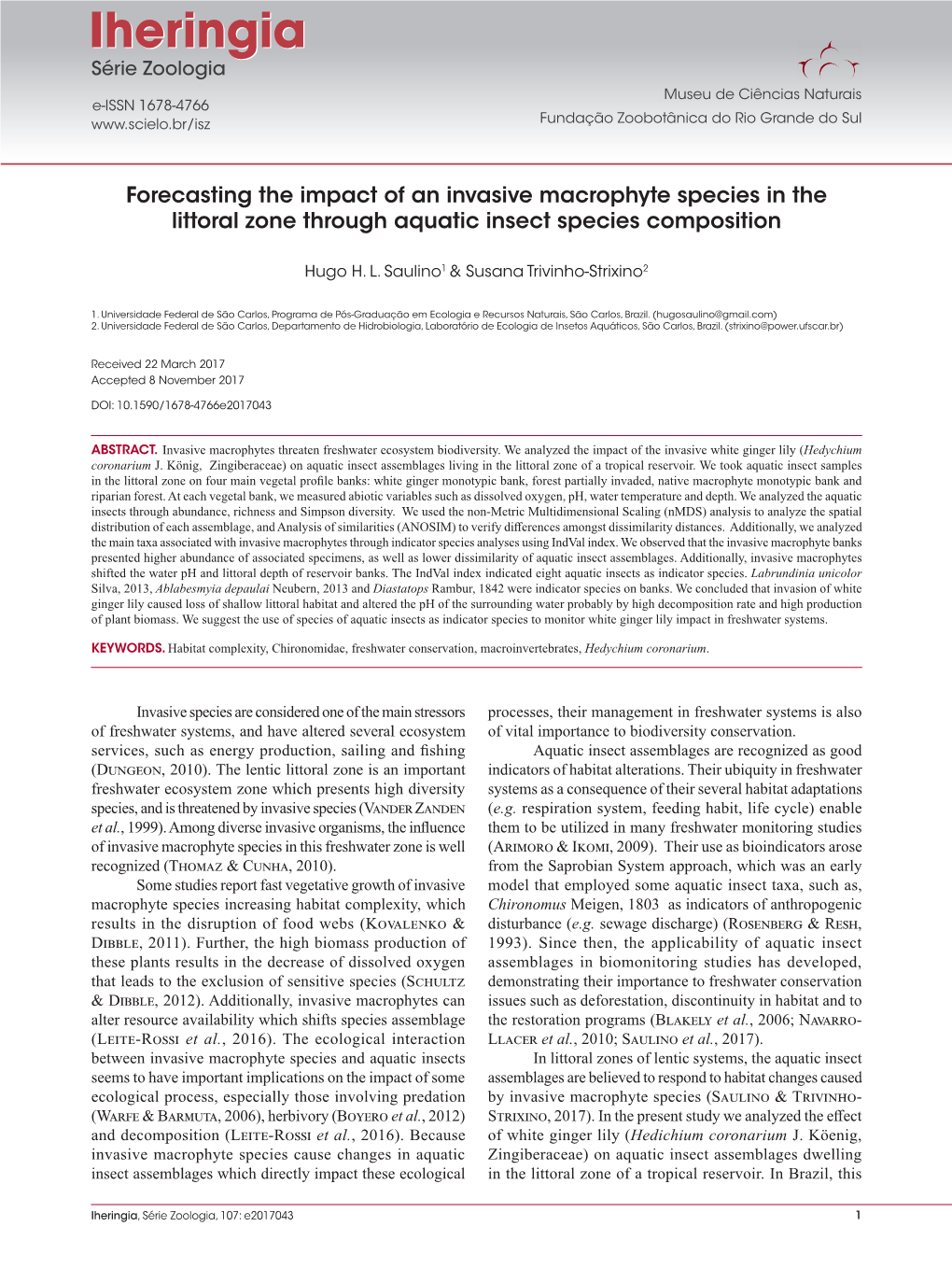 Forecasting the Impact of an Invasive Macrophyte Species in the Littoral Zone Through Aquatic Insect Species Composition