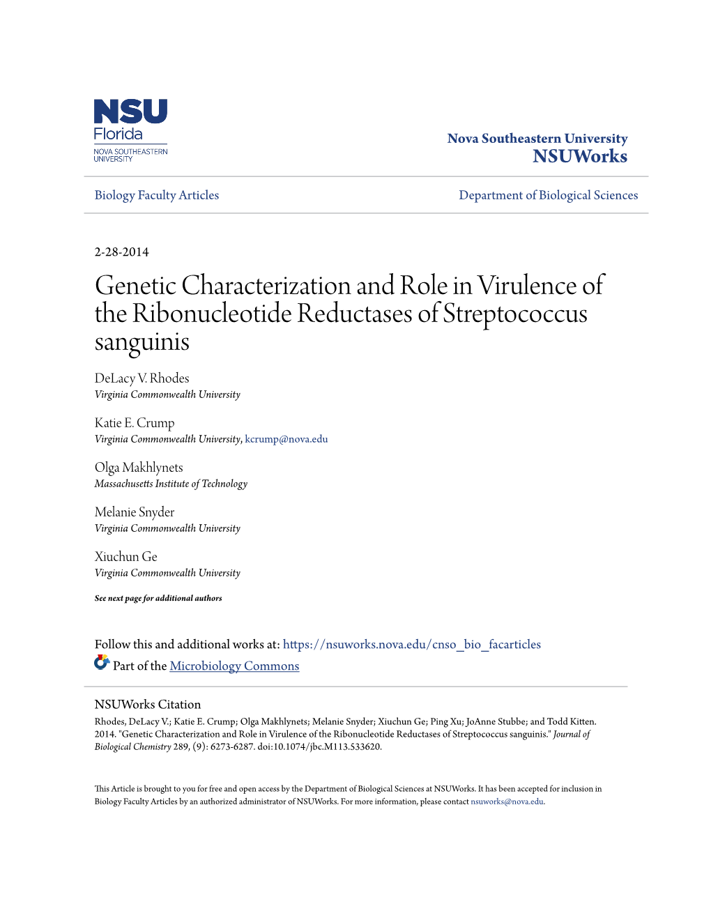 Genetic Characterization and Role in Virulence of the Ribonucleotide Reductases of Streptococcus Sanguinis Delacy V