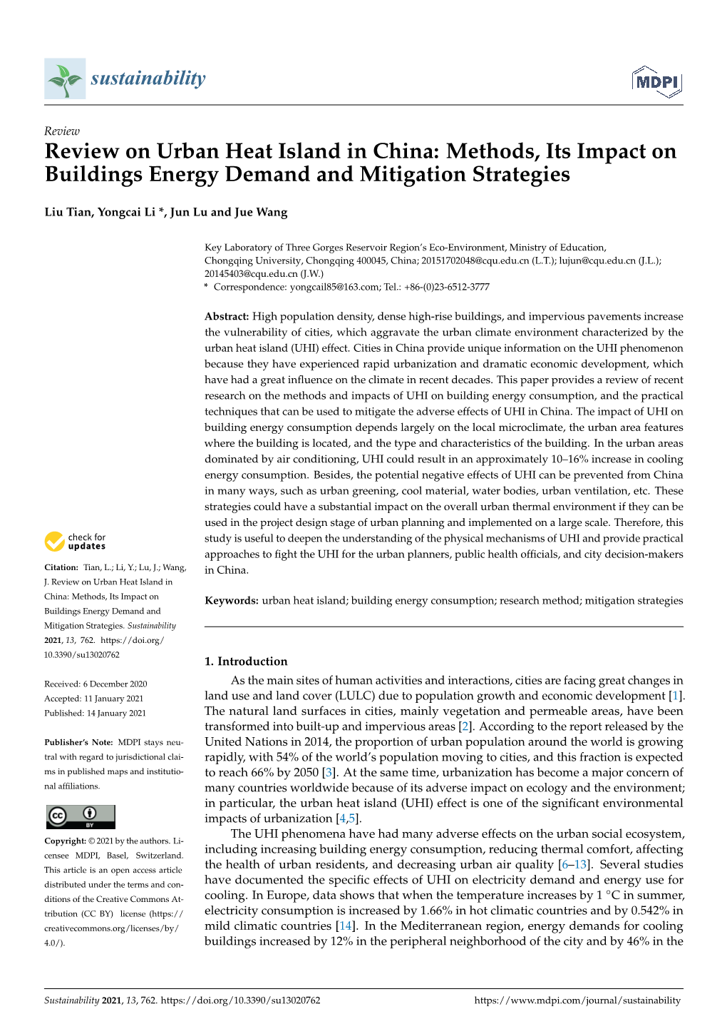 Review on Urban Heat Island in China: Methods, Its Impact on Buildings Energy Demand and Mitigation Strategies