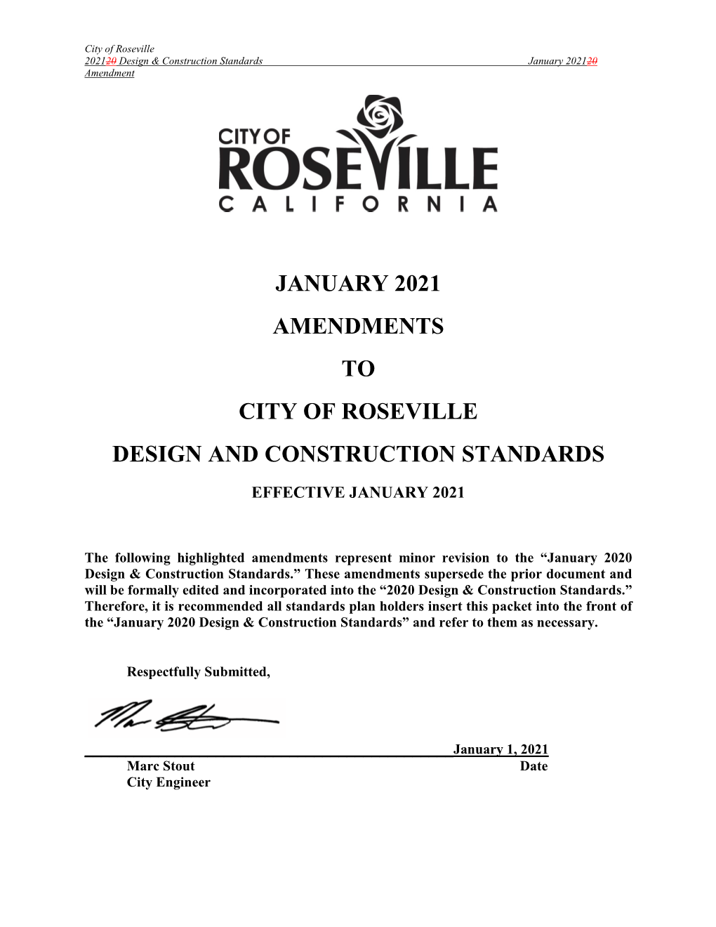 January 2021 Amendments to City of Roseville Design and Construction Standards