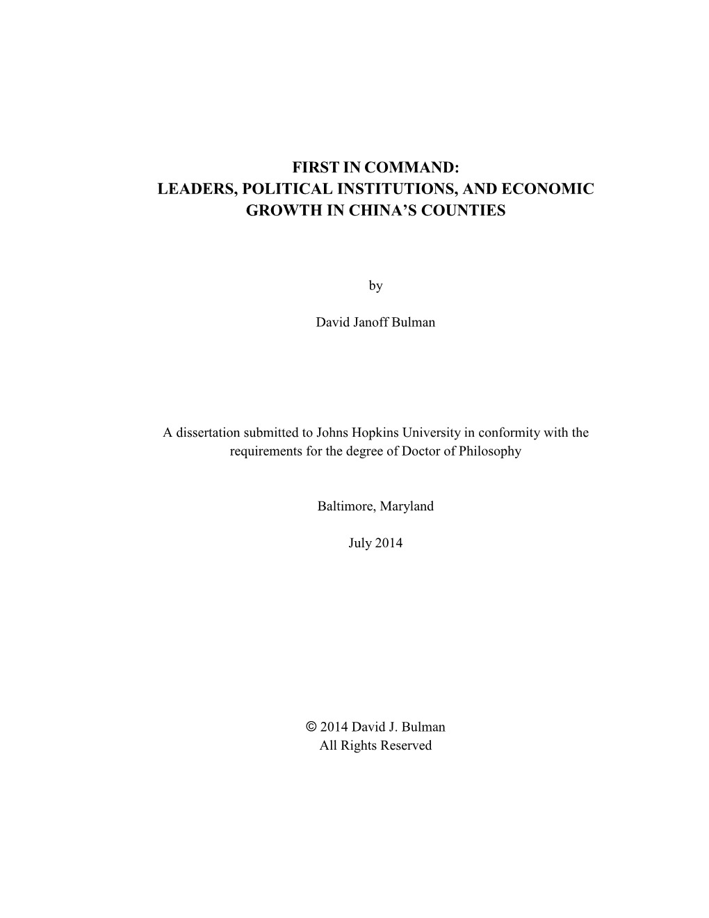 First in Command: Leaders, Political Institutions, and Economic Growth in China’S Counties