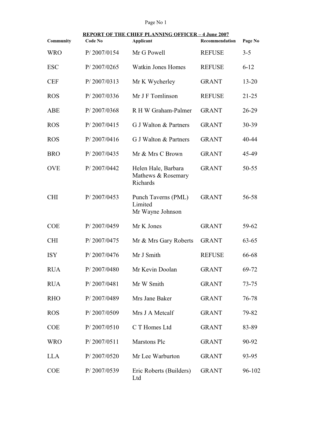 REPORT of the CHIEF PLANNING OFFICER 4 June 2007