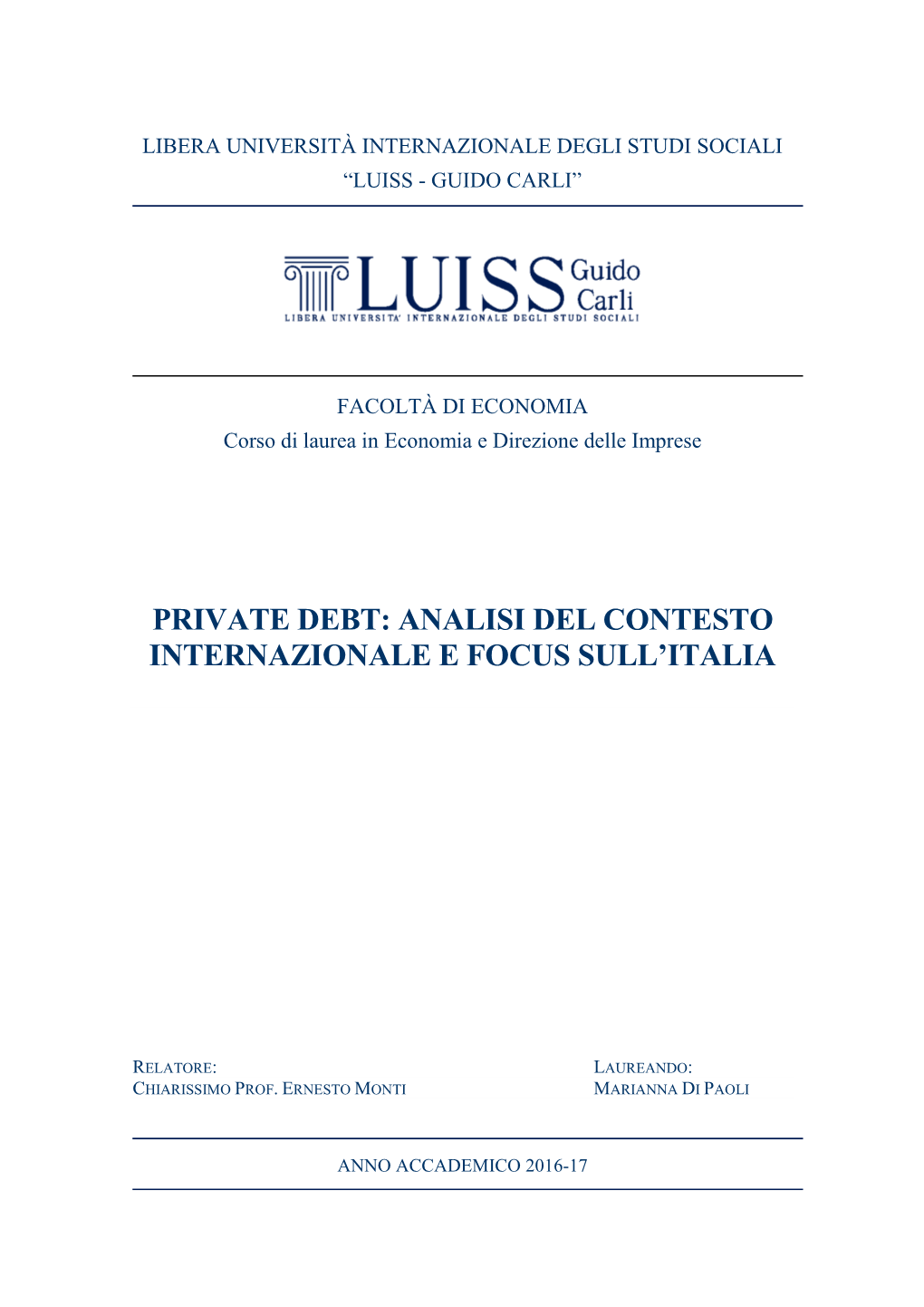 Private Debt: Analisi Del Contesto Internazionale E Focus Sull’Italia