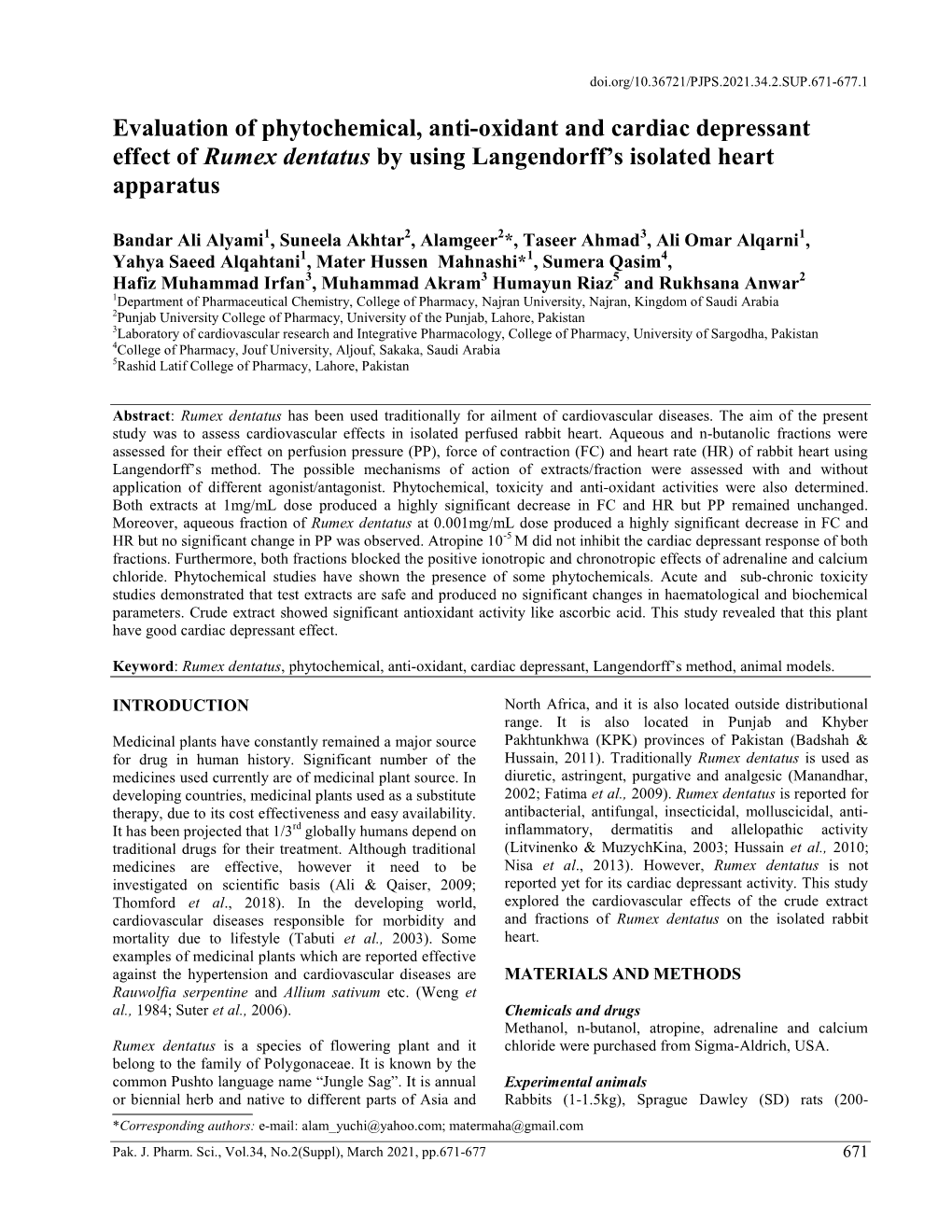 Evaluation of Phytochemical, Anti-Oxidant and Cardiac Depressant Effect of Rumex Dentatus by Using Langendorff’S Isolated Heart Apparatus