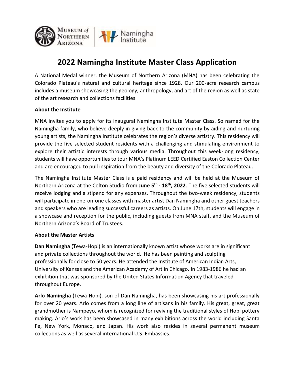 2022 Namingha Institute Master Class Application