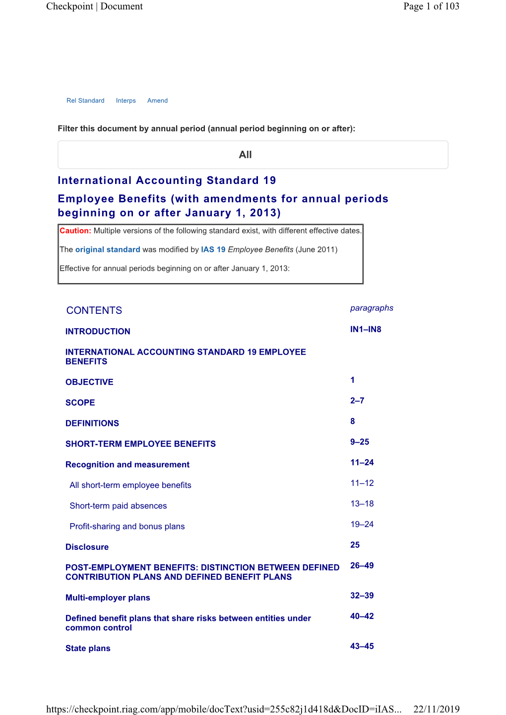 International Accounting Standard 19 Employee Benefits (With Amendments for Annual Periods Beginning on Or After January 1, 2013)