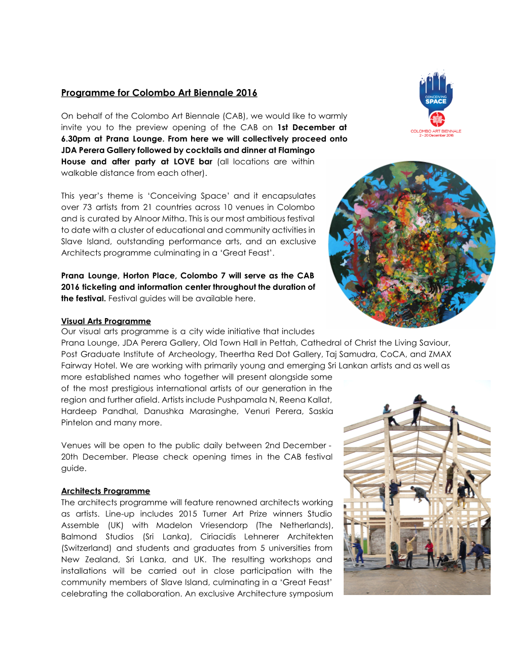 Programme for Colombo Art Biennale 2016