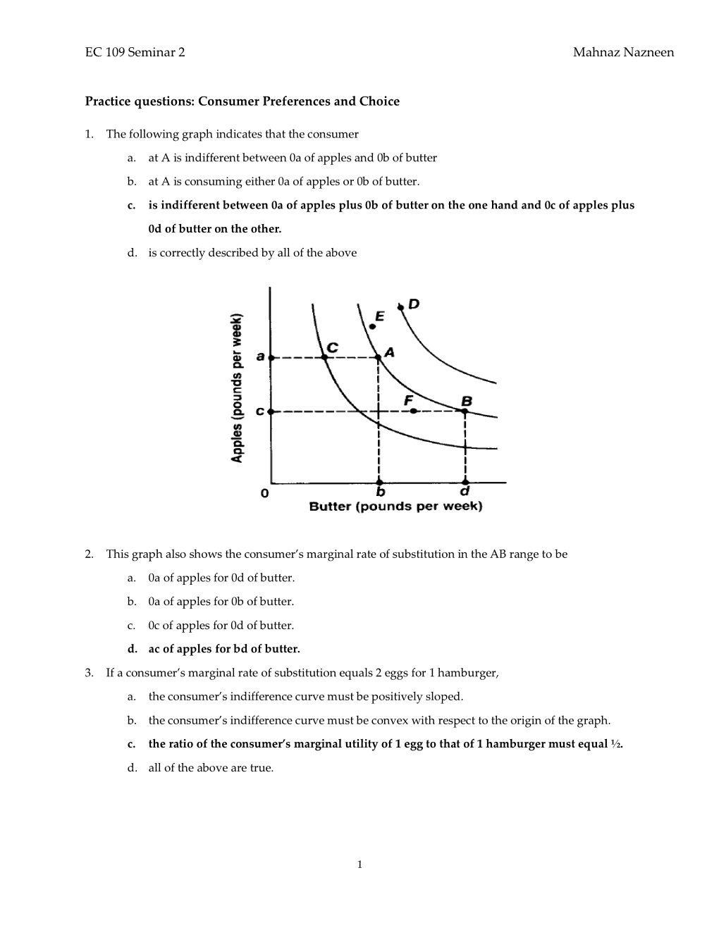 EC 109 Seminar 2 Mahnaz Nazneen Practice Questions: Consumer