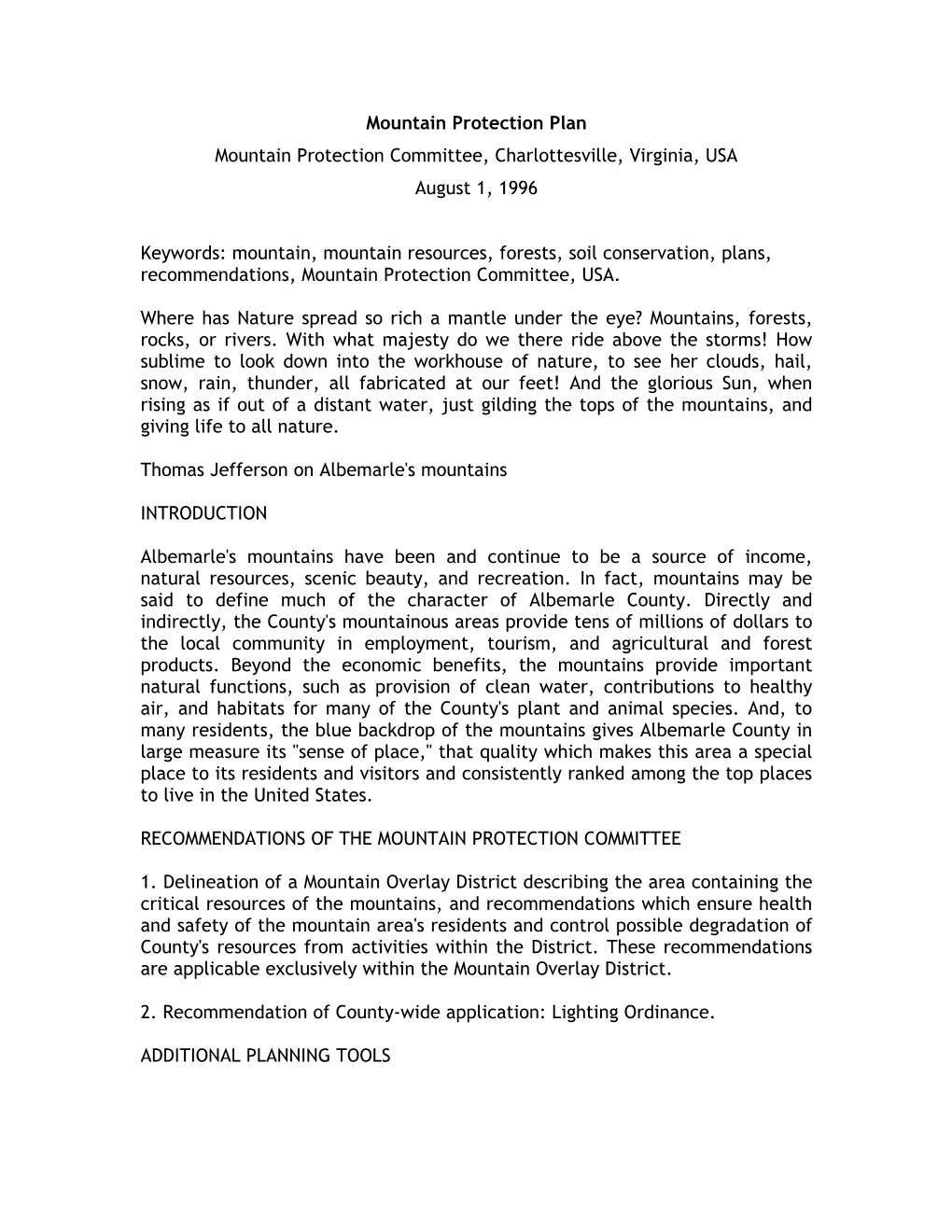 Mountain Protection Plan Mountain Protection Committee, Charlottesville, Virginia, USA August 1, 1996