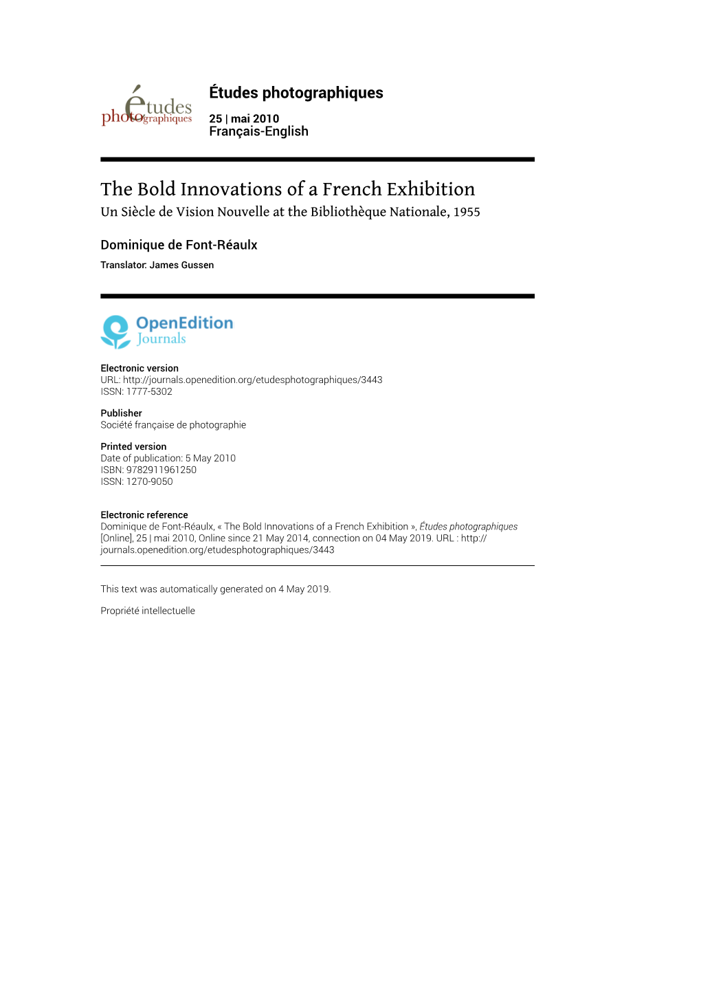 Études Photographiques, 25 | Mai 2010 the Bold Innovations of a French Exhibition 2