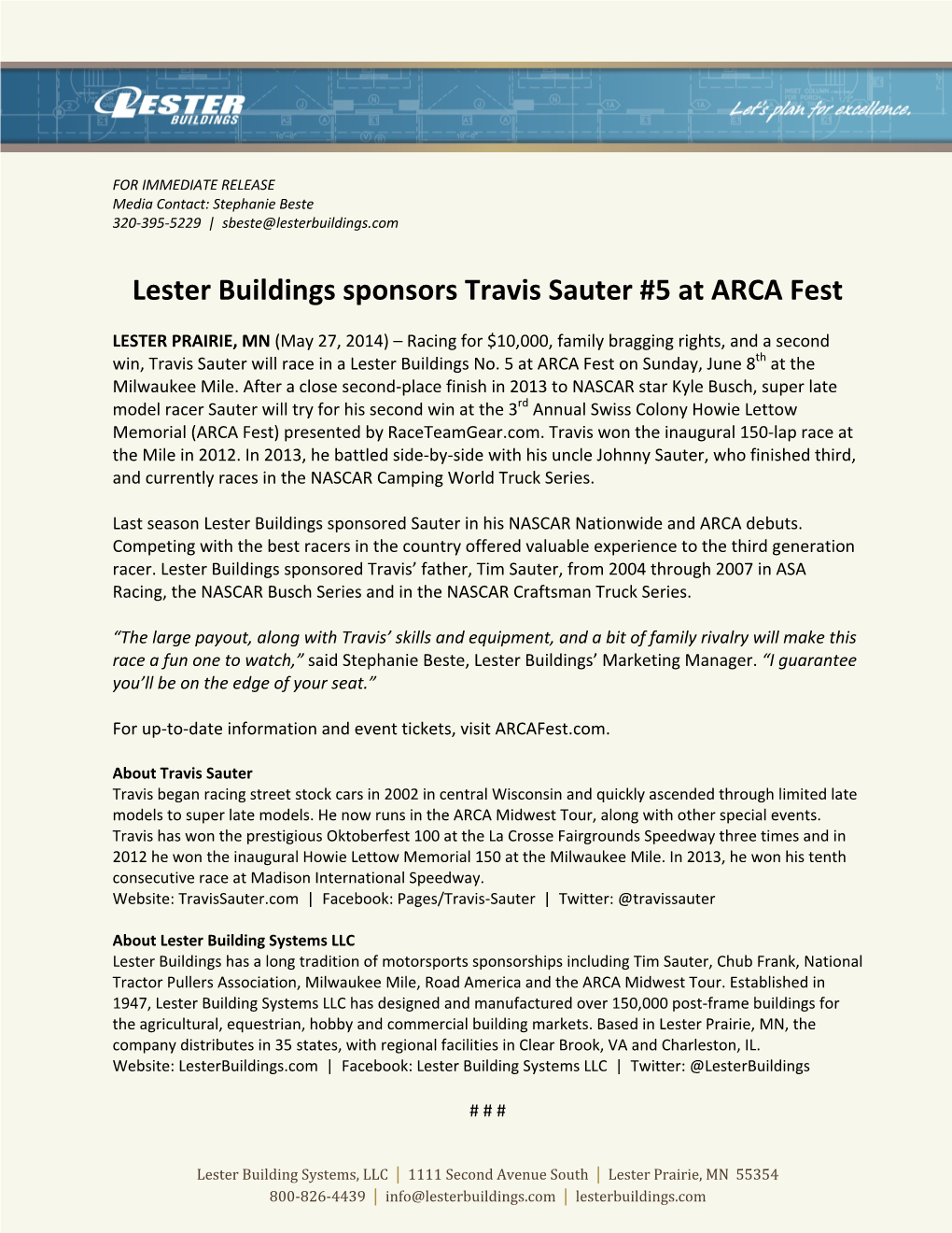 Lester Buildings Sponsors Travis Sauter #5 at ARCA Fest