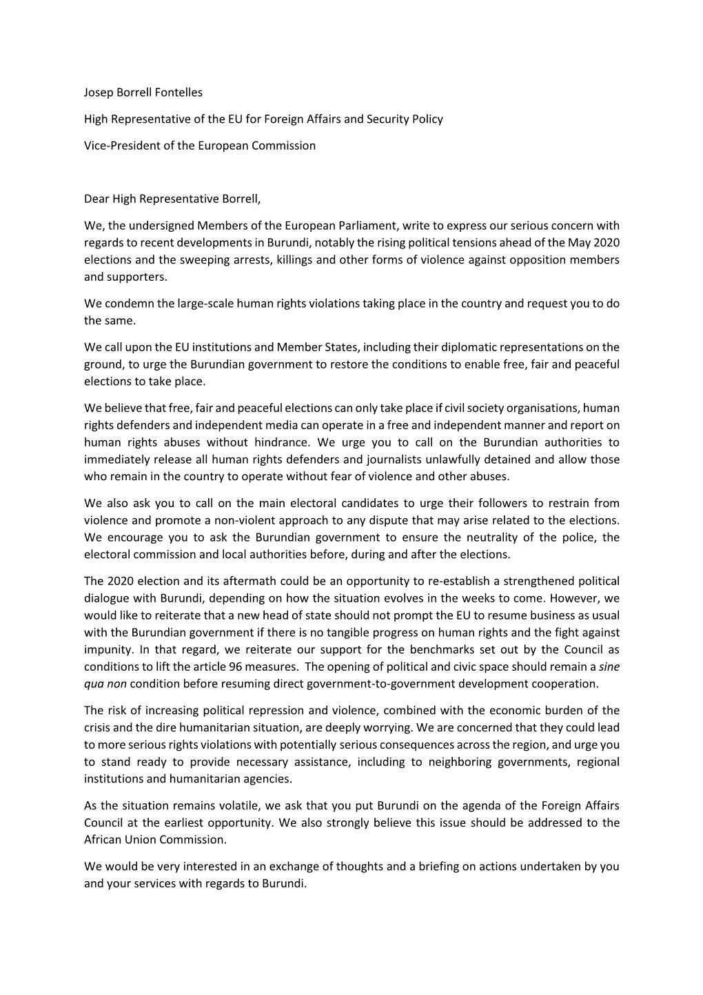 Letter to High Representative Josep Borrell on Burundi