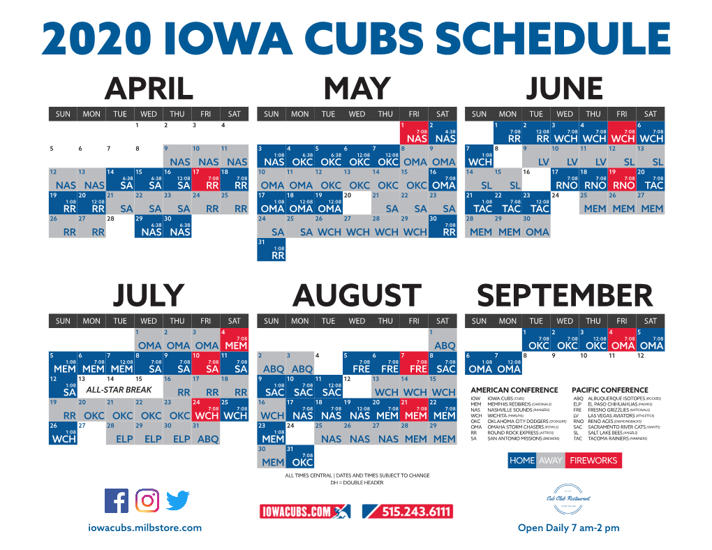 2020 Iowa Cubs Schedule