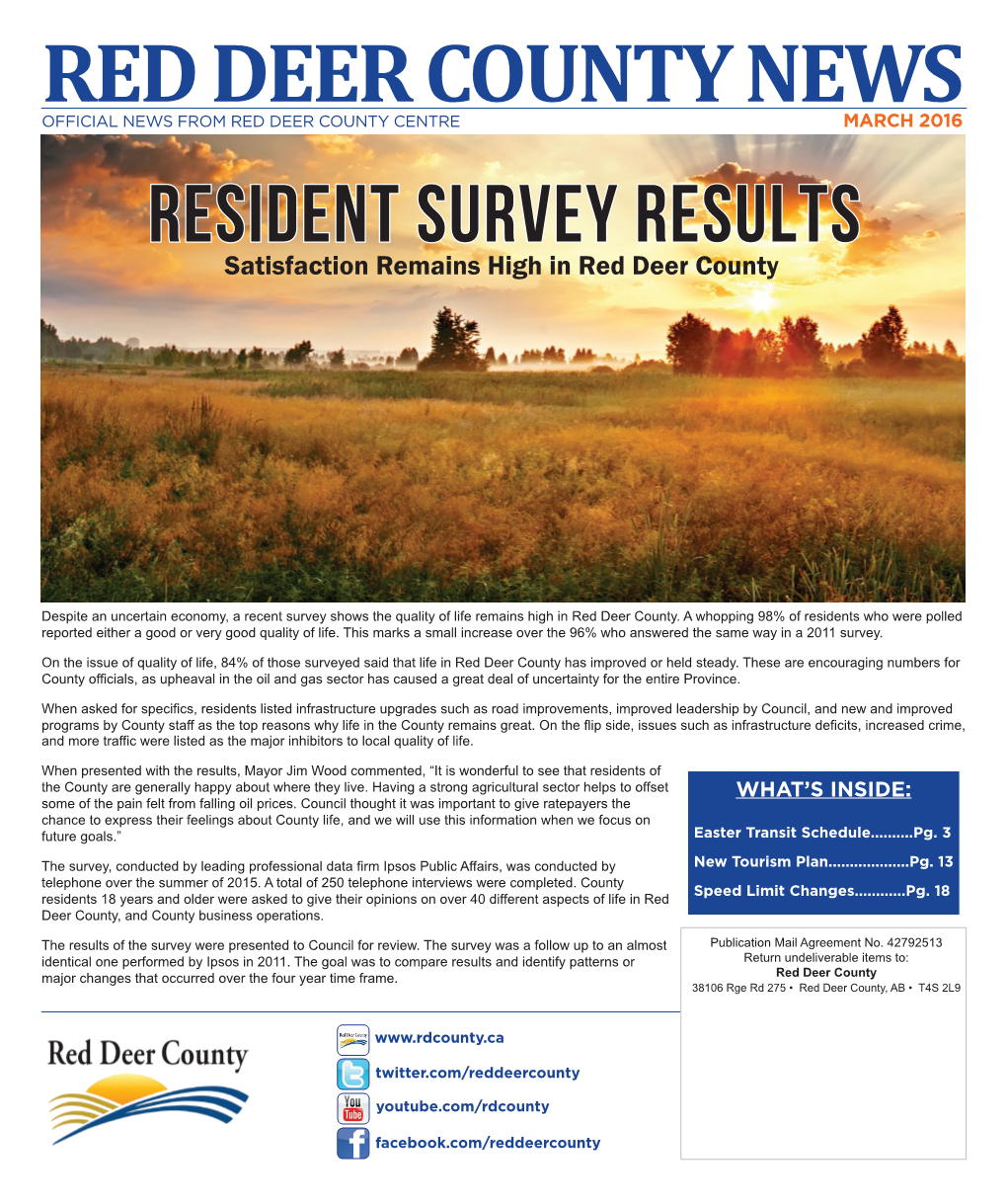 Resident Survey Results Satisfaction Remains High in Red Deer County