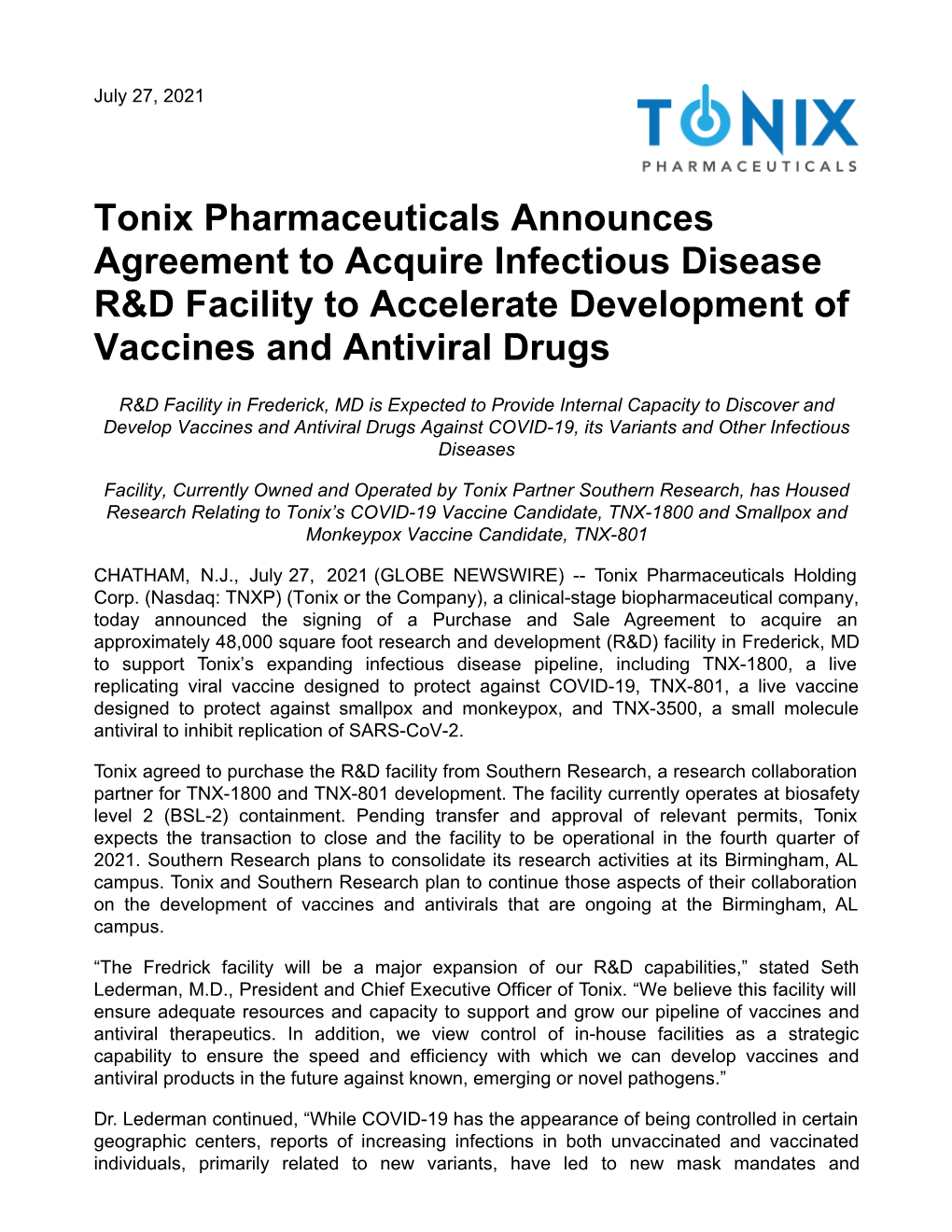 Tonix Pharmaceuticals Announces Agreement to Acquire Infectious Disease R&D Facility to Accelerate Development of Vaccines and Antiviral Drugs