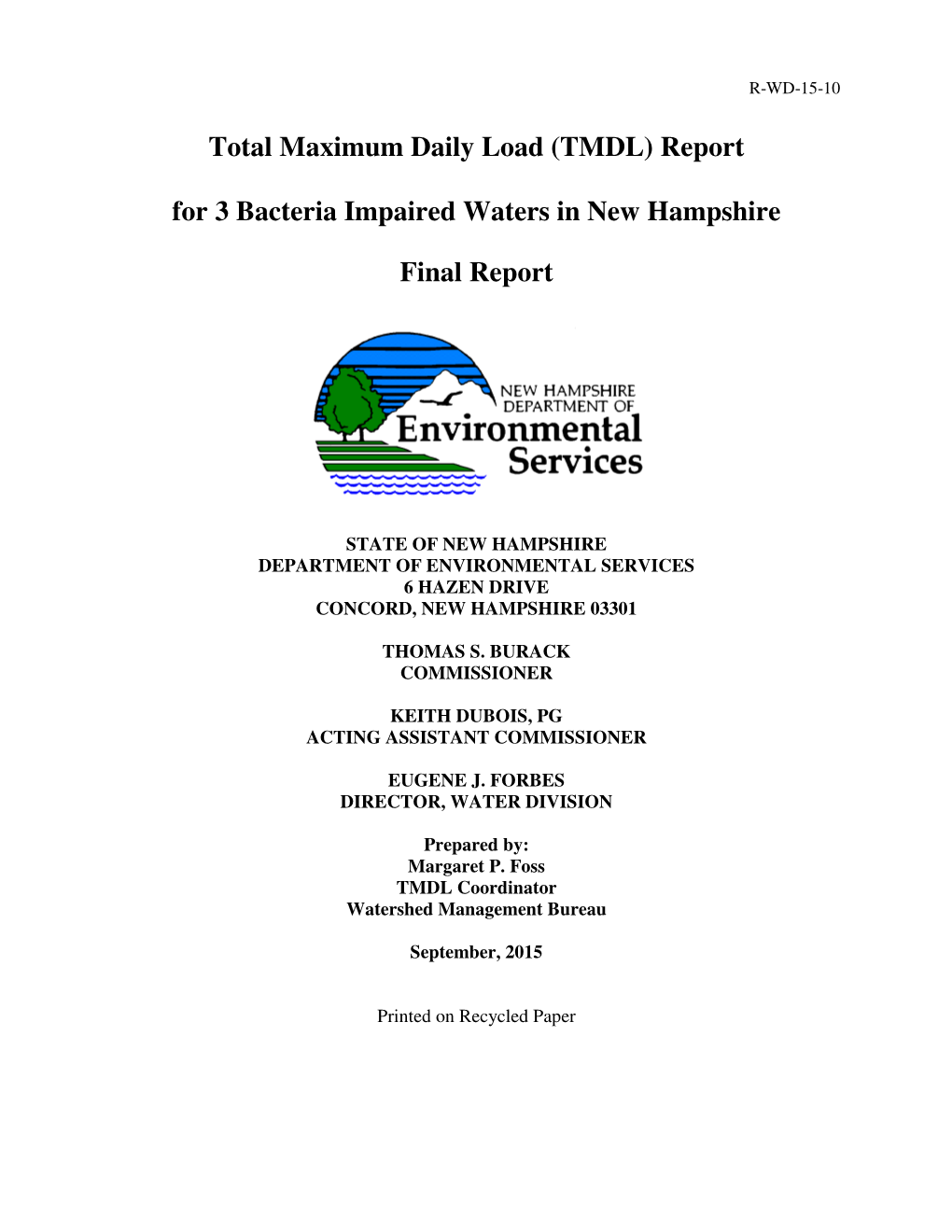 TMDL) Report for 3 Bacteria Impaired Waters in New Hampshire